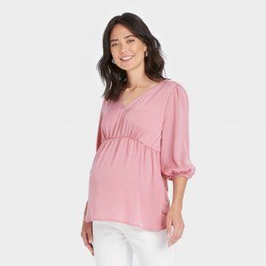 Ingrid & Isabel Maternity Women's Knit Woven Maternity Blouse Top, Pink, XS